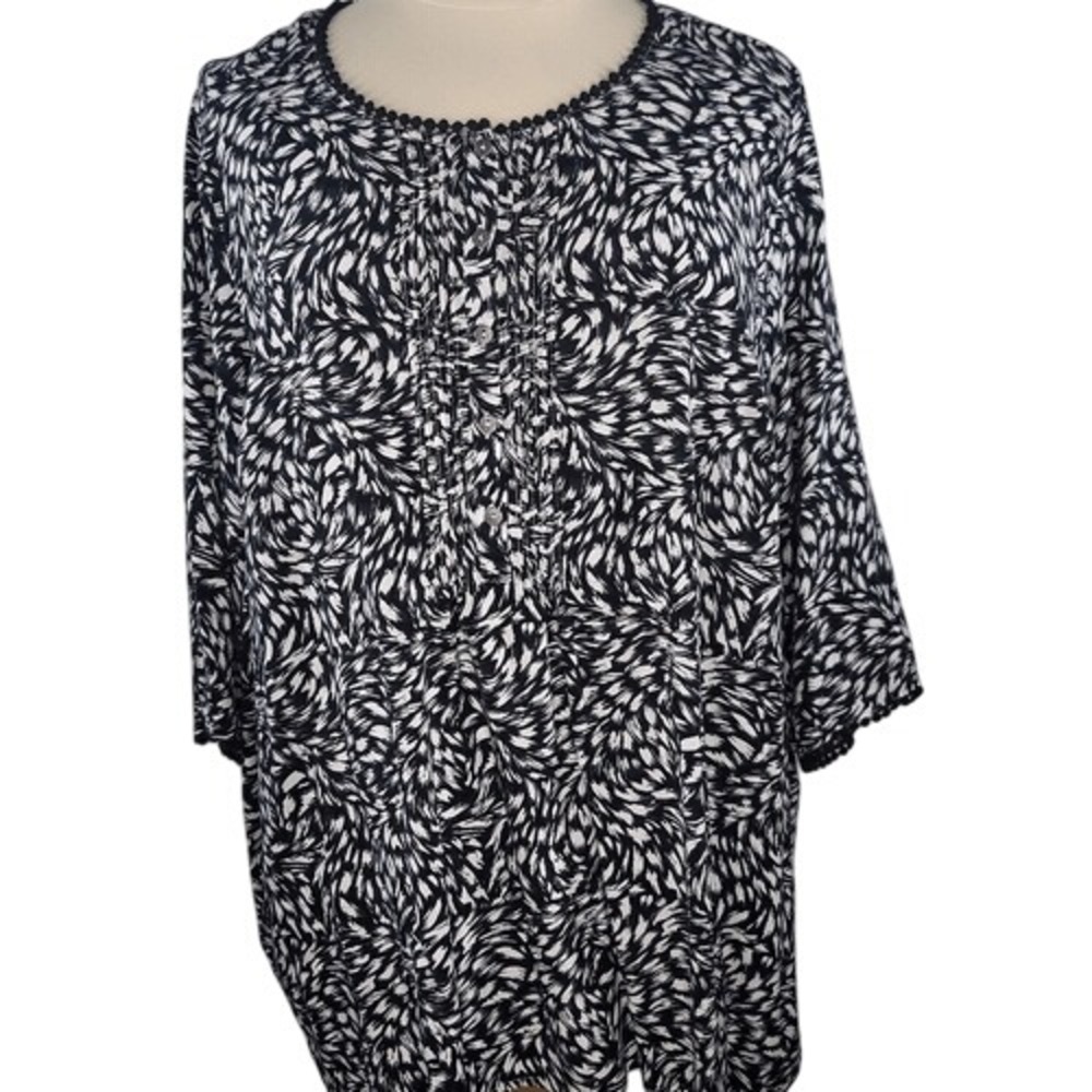 Ulla Popken Black and White 3/4‎ Sleeve Henley  Blouse
